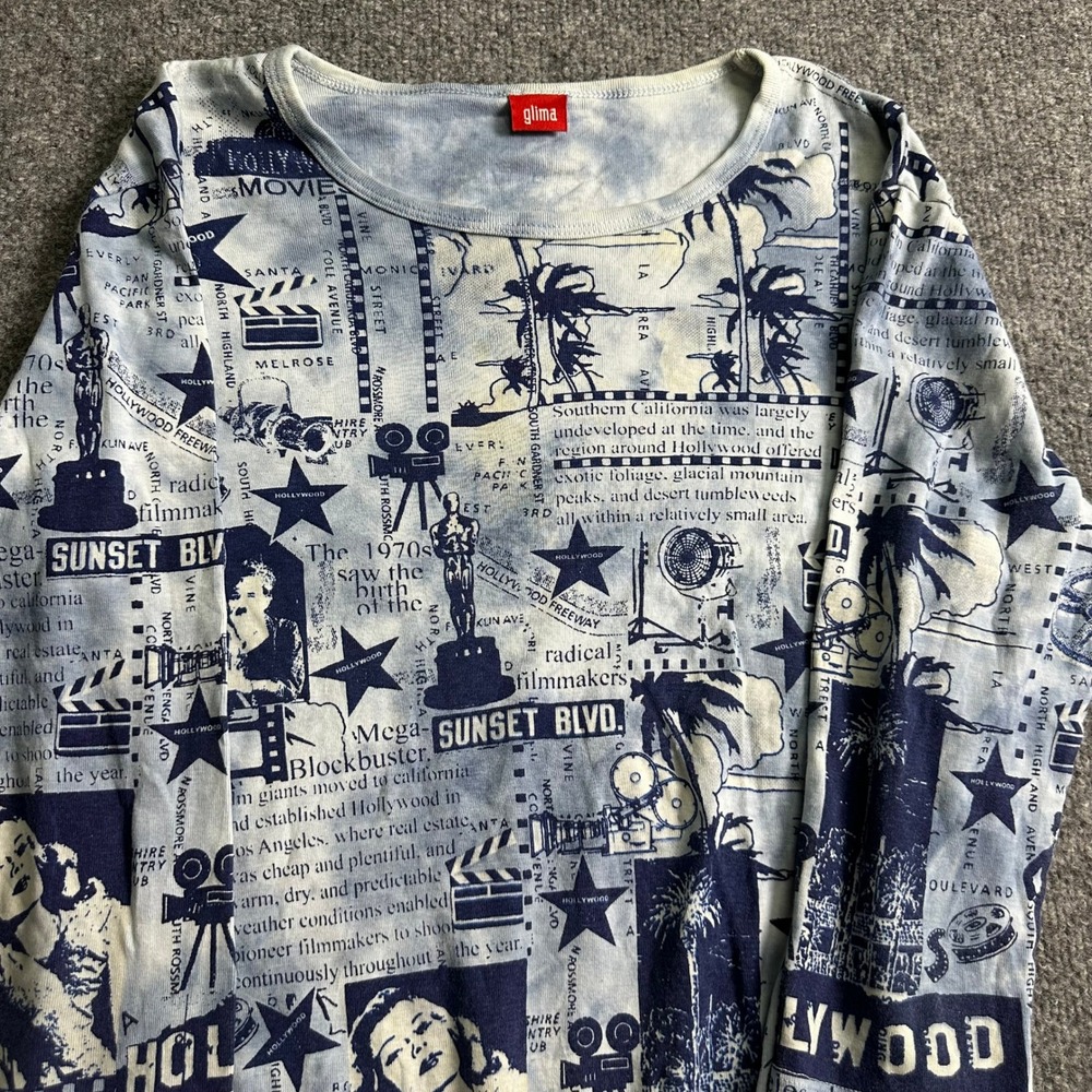 Glima Long Sleeve Shirt Womens Size L Blue Hollywood Newspaper Print USA Cotton